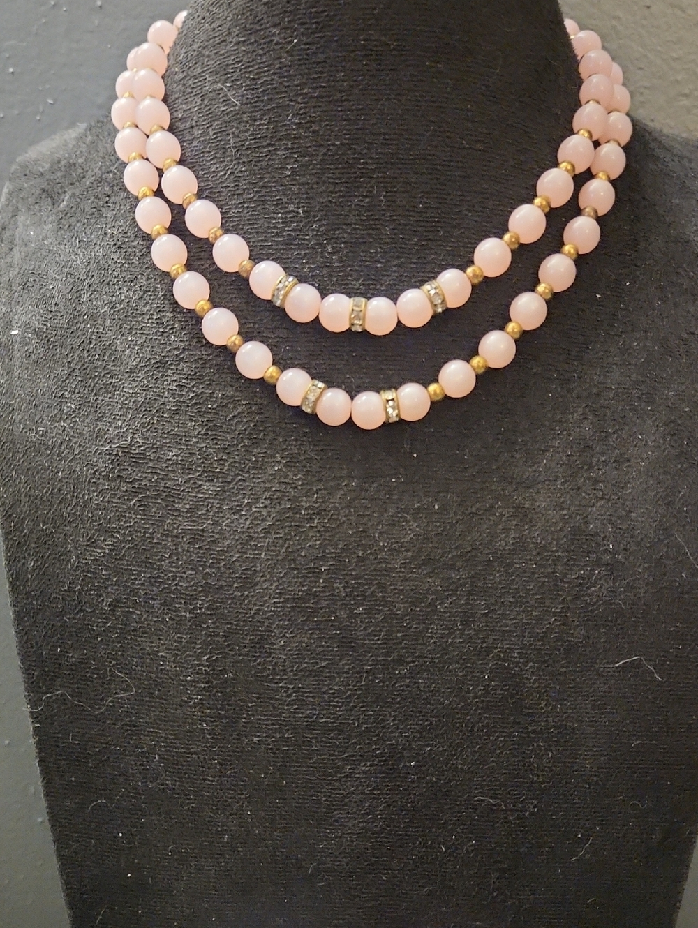 Vintage Pink Beaded Double Strand Necklace with Gold Accents Plus Earrings
